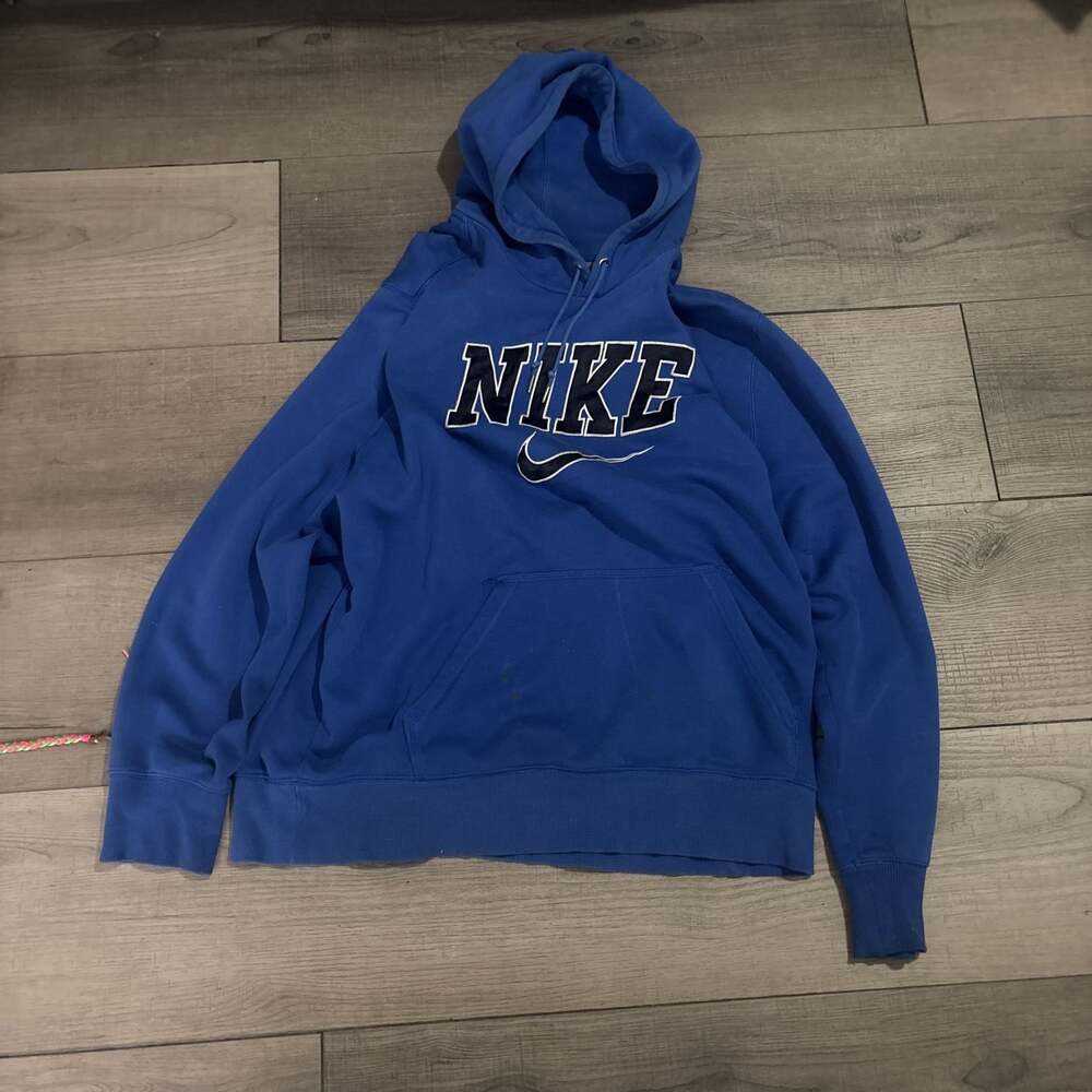 Nike Men's Block Spellout Swoosh Stitched Hooded Sweater Blue Athletic Apparel